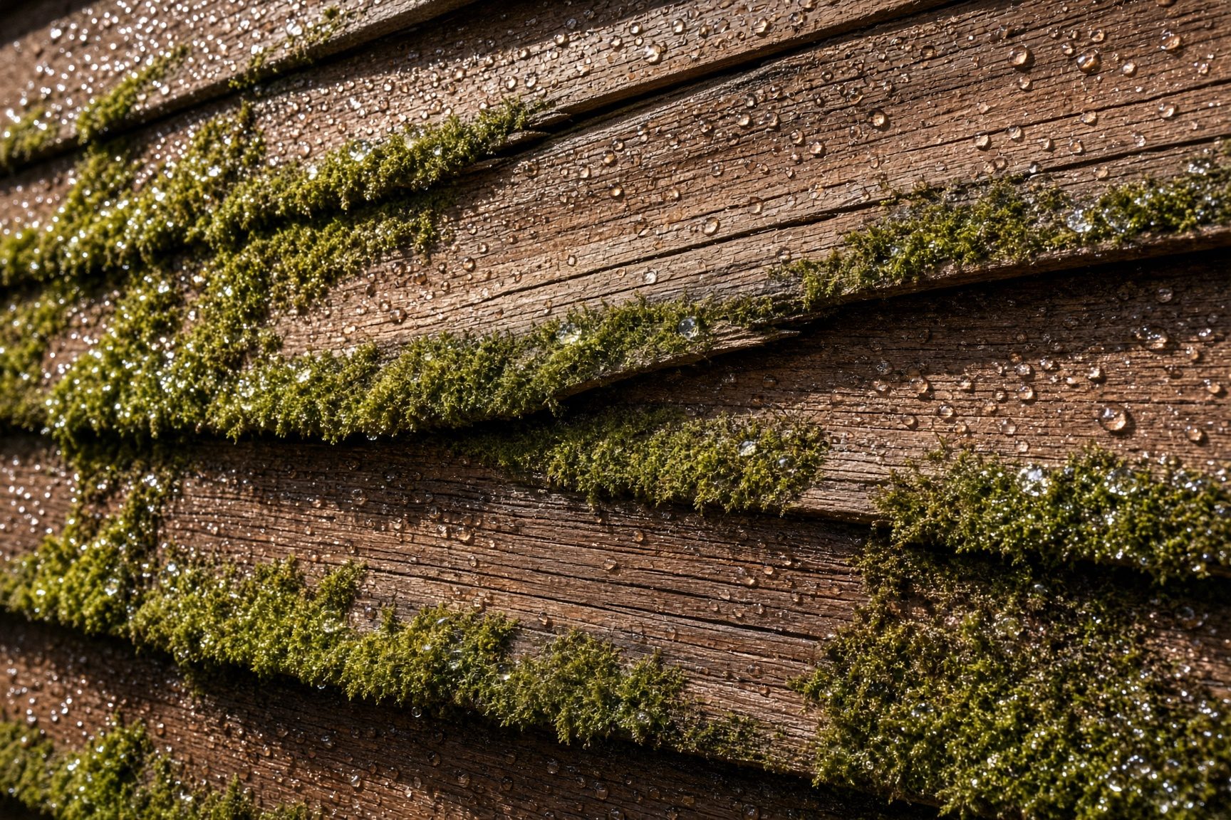 Sunlit western red cedar siding with moss