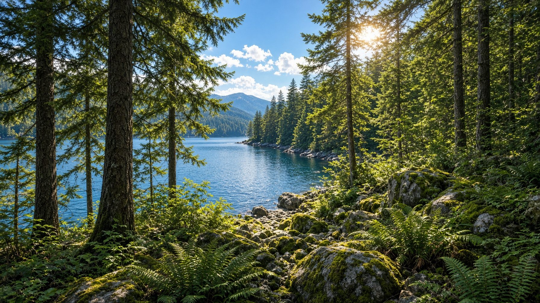 Sunny Pacific Northwest forest and lake on a clear day