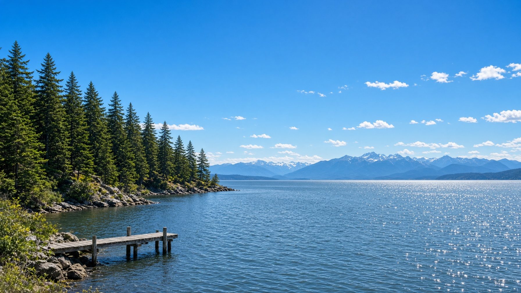 Sunny Puget Sound shoreline with evergreens and blue water